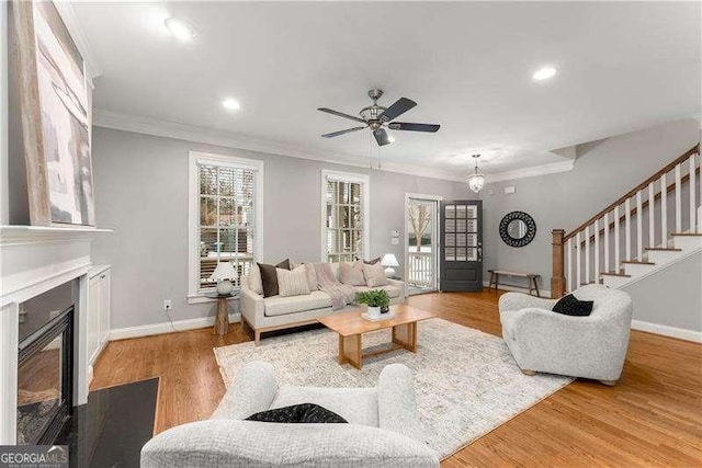 living room with ceiling fan, ornamental molding, and hardwood / wood-style floors