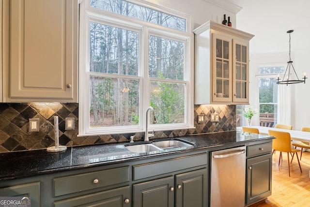 kitchen with gray cabinets, sink, dishwasher, and decorative light fixtures