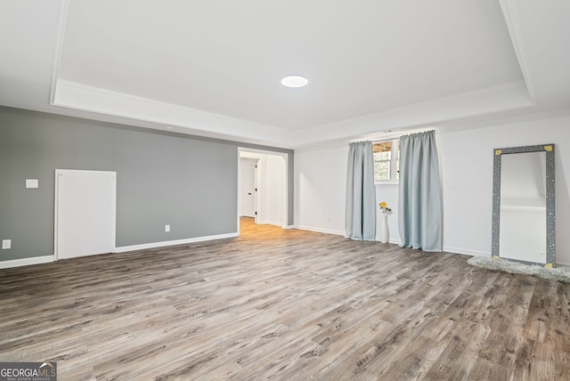 empty room with light hardwood / wood-style floors and a raised ceiling