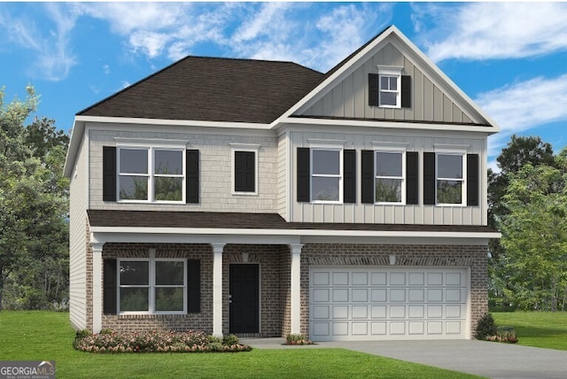 craftsman-style house with a garage and a front lawn