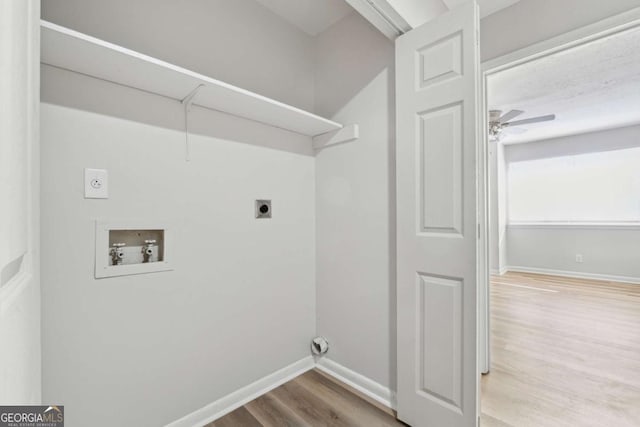 clothes washing area featuring hardwood / wood-style flooring, hookup for a washing machine, electric dryer hookup, and ceiling fan