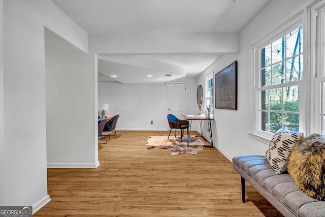 home office with a wealth of natural light, baseboards, and light wood finished floors