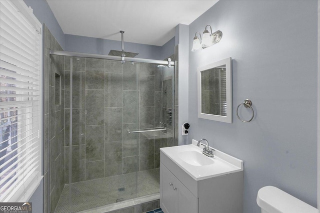 bathroom featuring toilet, a stall shower, and vanity