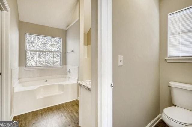 bathroom featuring toilet, a garden tub, and wood finished floors