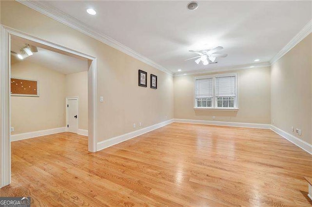 3201 Hobsons Ridge Trl NW, Acworth, GA 30101 - empty room with light wood-style flooring, a ceiling fan, crown molding, and recessed lighting