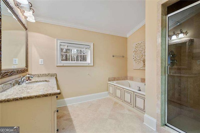 3201 Hobsons Ridge Trl NW, Acworth, GA 30101 - full bath with ornamental molding, vanity, a garden tub, and a stall shower
