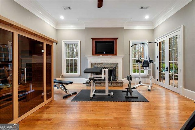 3201 Hobsons Ridge Trl NW, Acworth, GA 30101 - exercise area with french doors, crown molding, wood finished floors, and a fireplace