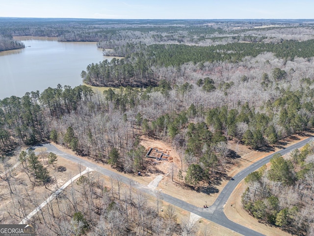 aerial view with a water view and a forest view