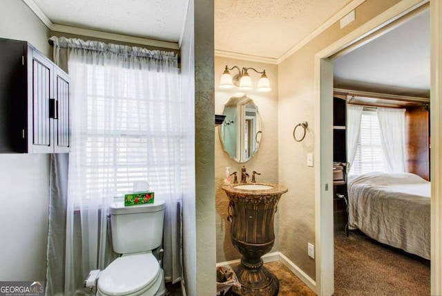 bathroom featuring ornamental molding, toilet, vanity, and a textured ceiling