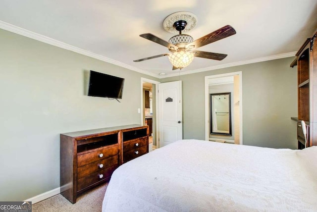 bedroom with crown molding, light colored carpet, and ceiling fan