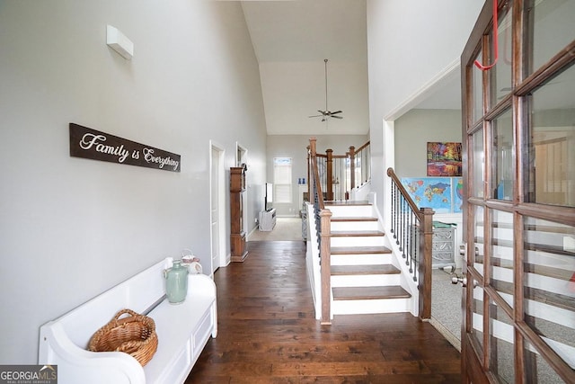 hall with a high ceiling and dark hardwood / wood-style flooring