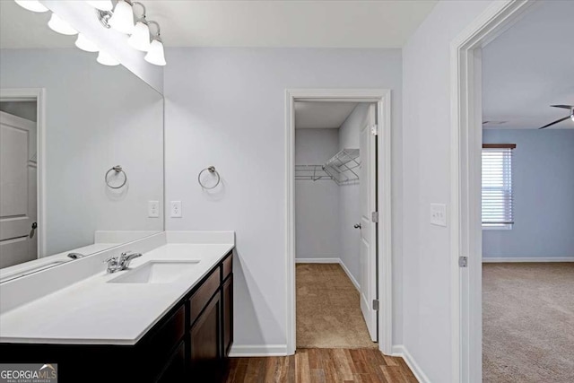 bathroom with hardwood / wood-style floors and vanity