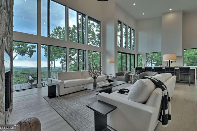 415 Green Ridge Trl, Blue Ridge, GA 30513 - living room featuring light hardwood / wood-style flooring and a towering ceiling
