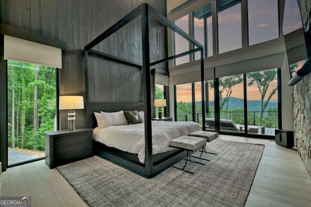 415 Green Ridge Trl, Blue Ridge, GA 30513 - bedroom featuring light wood-type flooring, access to exterior, and a towering ceiling