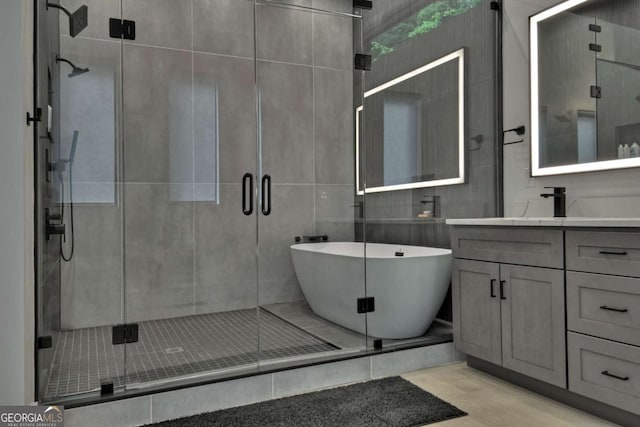 415 Green Ridge Trl, Blue Ridge, GA 30513 - bathroom with wood-type flooring, independent shower and bath, and vanity