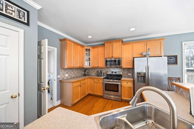 kitchen with appliances with stainless steel finishes, ornamental molding, sink, and decorative backsplash