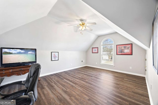 office space featuring lofted ceiling, ceiling fan, and dark hardwood / wood-style floors