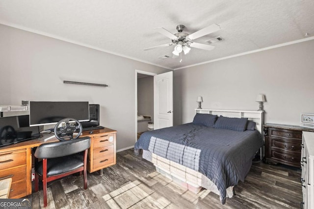 bedroom with ceiling fan, ornamental molding, dark wood-type flooring, and a textured ceiling