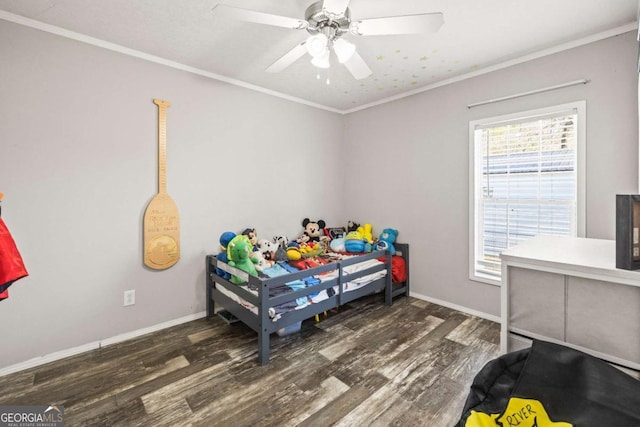 bedroom featuring ceiling fan, crown molding, and dark hardwood / wood-style flooring