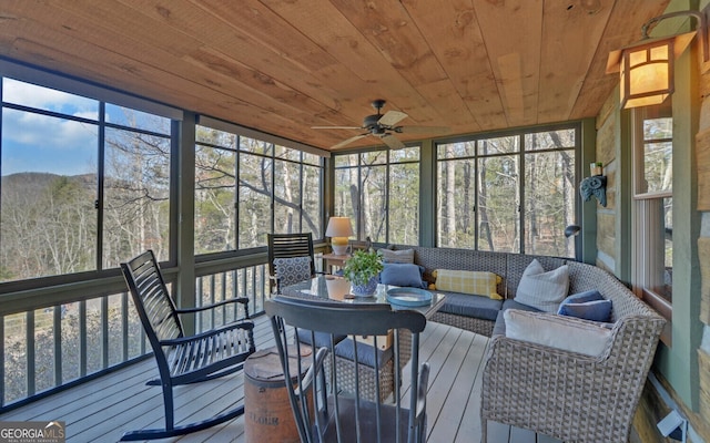 sunroom / solarium featuring ceiling fan and wood ceiling