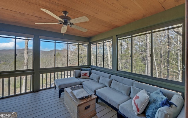 sunroom / solarium featuring ceiling fan and wooden ceiling