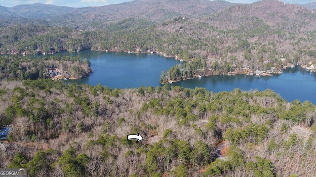 aerial view featuring a water and mountain view