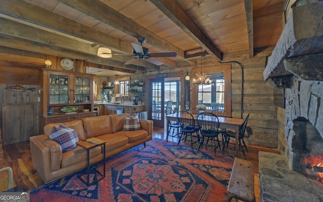 living room with beamed ceiling, dark wood-type flooring, wood ceiling, and wooden walls