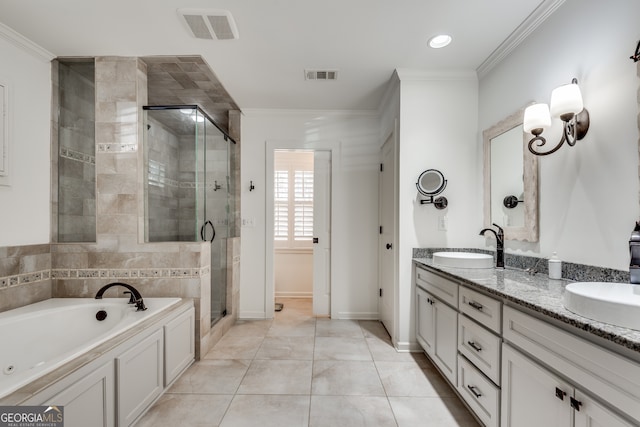 bathroom with crown molding, vanity, tile patterned flooring, and plus walk in shower