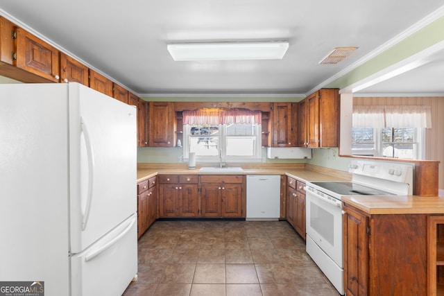 kitchen with white appliances, a sink, light countertops, ornamental molding, and brown cabinets