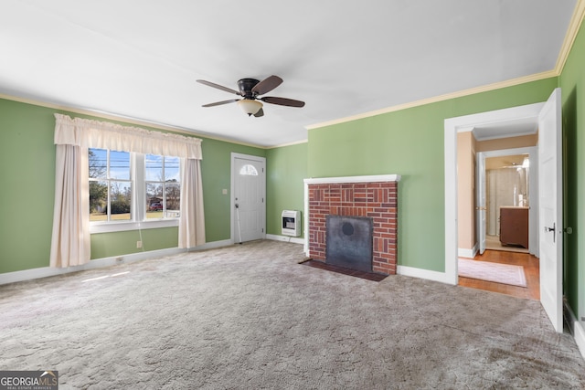 unfurnished living room featuring ceiling fan, carpet floors, baseboards, a brick fireplace, and heating unit