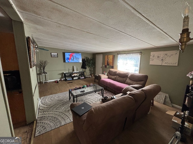 living room with wood-type flooring and a textured ceiling
