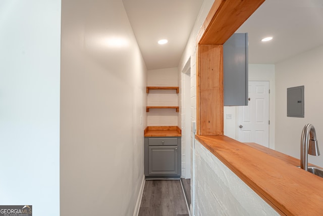 hall featuring electric panel and dark wood-type flooring