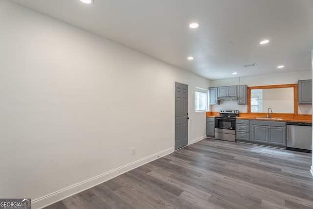 kitchen featuring wood-type flooring, butcher block countertops, stainless steel appliances, gray cabinets, and sink