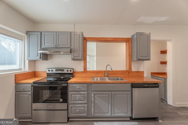 kitchen with gray cabinets, wooden counters, stainless steel appliances, and sink