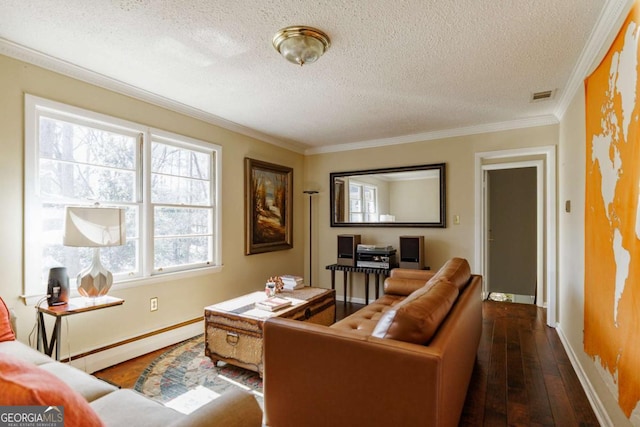 living room featuring ornamental molding, dark wood-type flooring, a textured ceiling, and baseboard heating