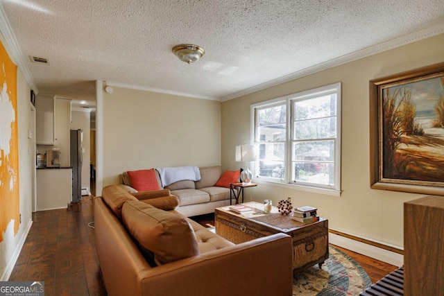 living room featuring a textured ceiling, dark wood-type flooring, crown molding, and baseboard heating