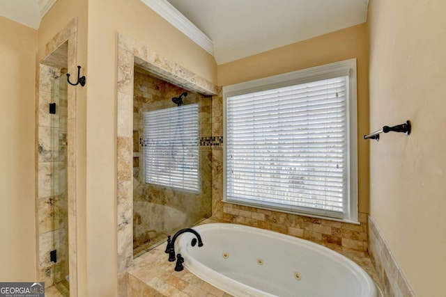 bathroom with ornamental molding and independent shower and bath