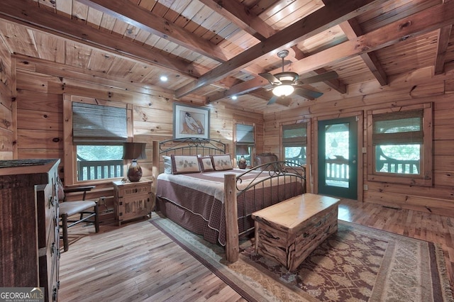 20 Walker Ridge Way Unit 36, 42, Mineral Bluff, GA 30559 - bedroom with wood ceiling, wooden walls, light wood-style flooring, beam ceiling, and access to exterior