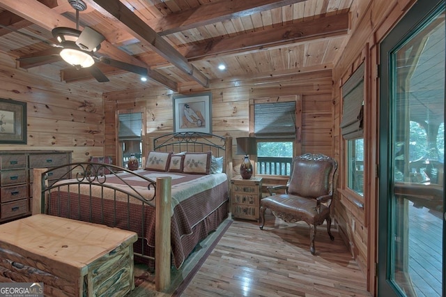 20 Walker Ridge Way Unit 36, 42, Mineral Bluff, GA 30559 - bedroom featuring hardwood / wood-style floors, beamed ceiling, wooden walls, and wood ceiling