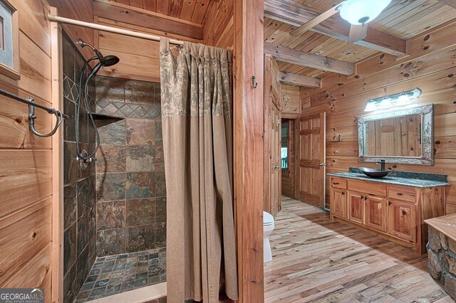 20 Walker Ridge Way Unit 36, 42, Mineral Bluff, GA 30559 - full bath featuring a tile shower, wooden walls, beam ceiling, wood ceiling, and vanity