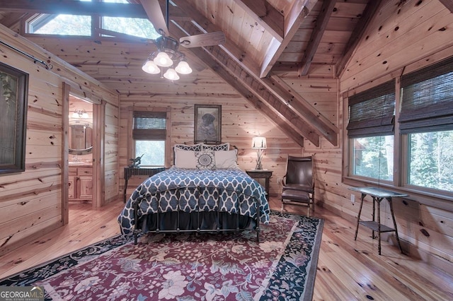 20 Walker Ridge Way Unit 36, 42, Mineral Bluff, GA 30559 - bedroom featuring wooden walls, light wood-type flooring, wood ceiling, and ensuite bathroom