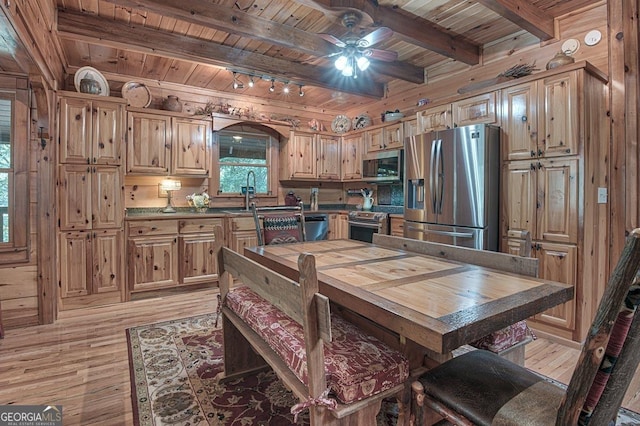 20 Walker Ridge Way Unit 36, 42, Mineral Bluff, GA 30559 - dining space with light wood-type flooring, wood ceiling, ceiling fan, wooden walls, and beamed ceiling