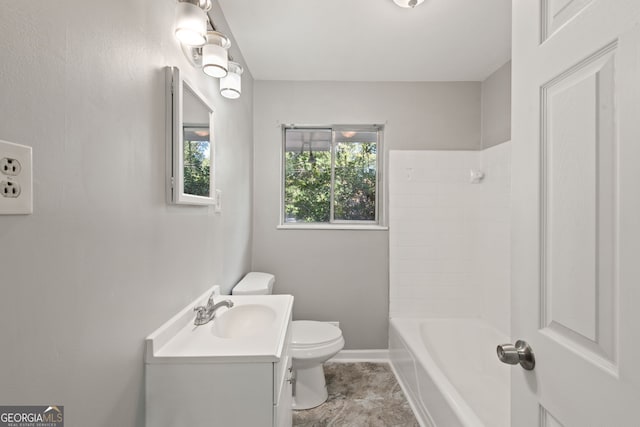 full bathroom featuring toilet, shower / bathing tub combination, vanity, and baseboards