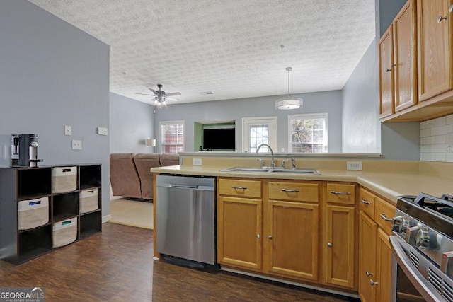 kitchen with dark wood-type flooring, a sink, open floor plan, stainless steel appliances, and a peninsula