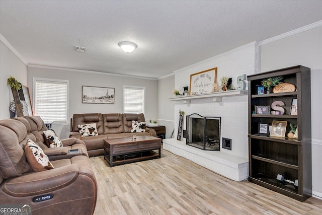 living room with crown molding and light hardwood / wood-style flooring