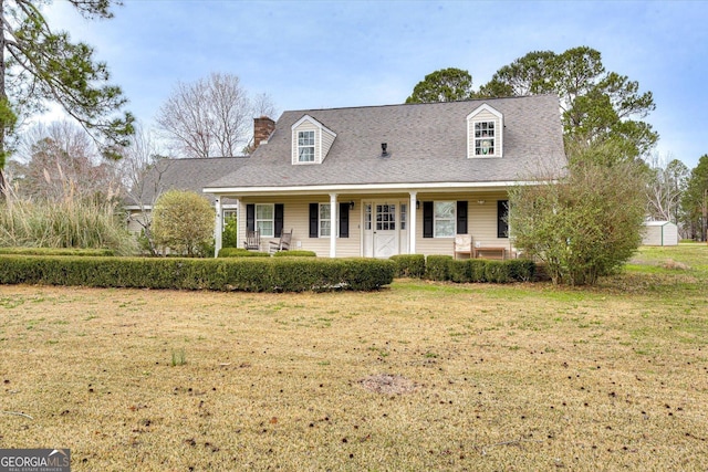 cape cod house with covered porch and a front lawn