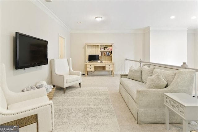 living room with ornamental molding and light colored carpet