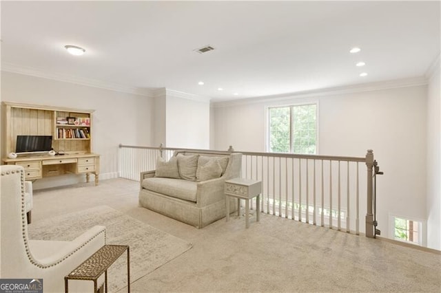 interior space featuring light carpet and crown molding