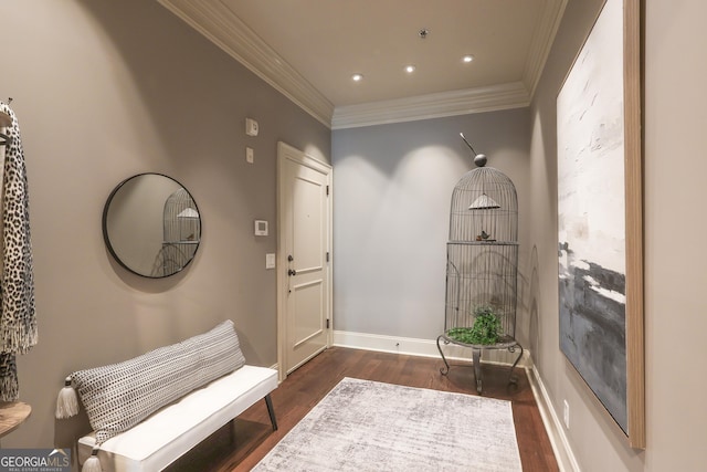 foyer with ornamental molding and dark hardwood / wood-style floors