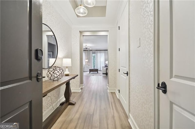 hallway featuring light wood-type flooring and a raised ceiling